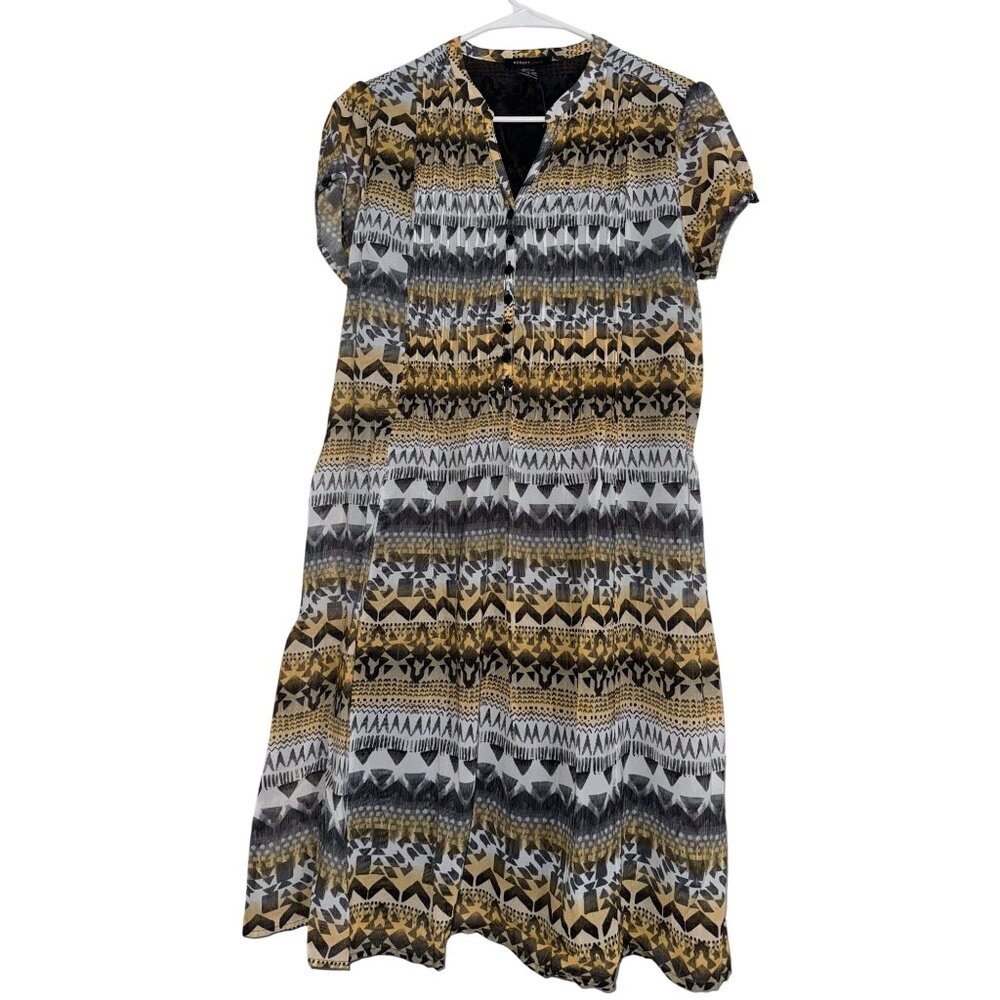 Robert Louis Womens Mustard & Ivory Geometric Print Button-Front Midi Dress